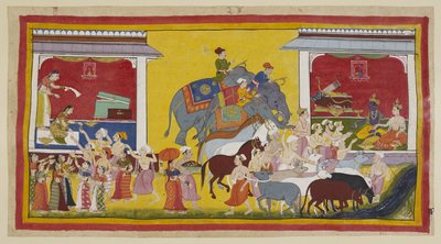 Rama has not been able to dissuade Sita or Laksmana from accompanying him, and the three now give away all they possess. Seated in a pavilion on the left, Sita distributes her jewels and clothes to the townspeople, while the Brahmin Su by Indian School