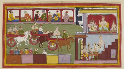 Three chariots convey the king, his son and the two young princes through a bazaar. The fronts of the far shops are visible with merchants selling cloth, and the backs of the ones below. In his palace on the right, the elderly king, usi by Indian School