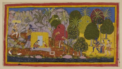 The three exiles approach Citrakuta from the right along the banks of the Yamuna river. Rama marvels at the flowering trees and plants which cover the mountain by Indian School
