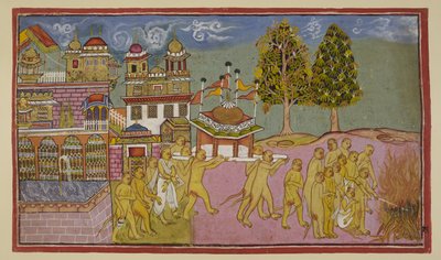 The body of Bali, covered in white, is borne in a domed and beflagged palanquin from the palace and consumed in a funeral pyre, with Sugriva and Angada leading the funeral rites by Indian School