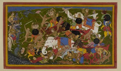 Angada, Nila, and Hanuman defeat Ravana’s kin in battle by Indian School