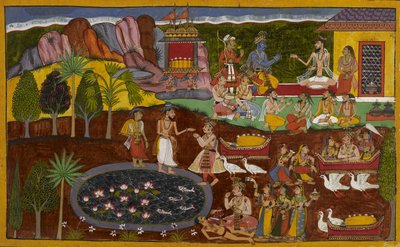 Agastya presents Rama with a divine jewel, and its acquisition is recounted below by Indian School