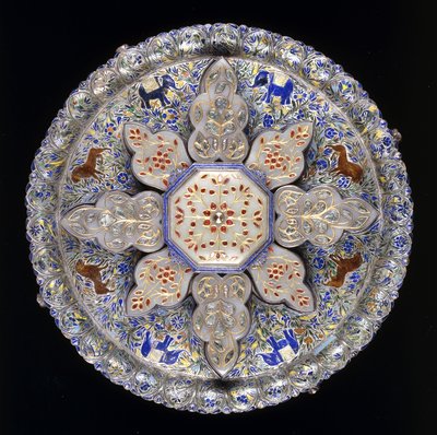 An Indian silver and inset jade sweetmeat dish, depicting lions and elephants amidst dense foliage, early 19th century by Indian School