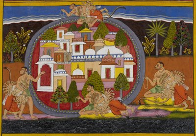 Bali and Ravana perform rituals, fly together, and approach Kishkindha by Indian School