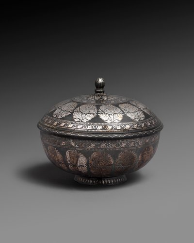 Bowl and cover of metal alloy inlaid with silver, each with a band of naturalistic flowers by Indian School