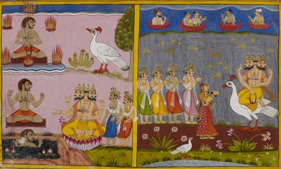Brahma grants Kumbhakarna endless sleep and Vibhishana the boon of righteousness by Indian School