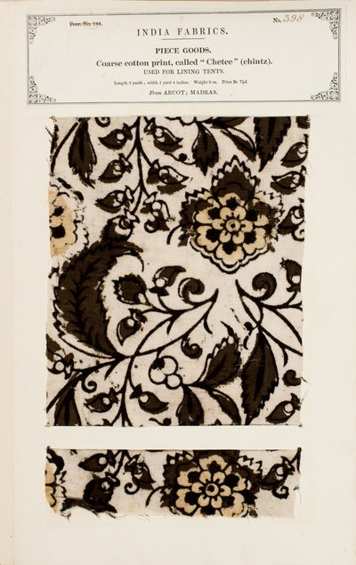 Coarse cotton sample with chetee (chintz) pattern from Arcot in Madras, from The Collection of the Textile Manufacturers of India, by John Forbes Watson, published in 1866 by Indian School