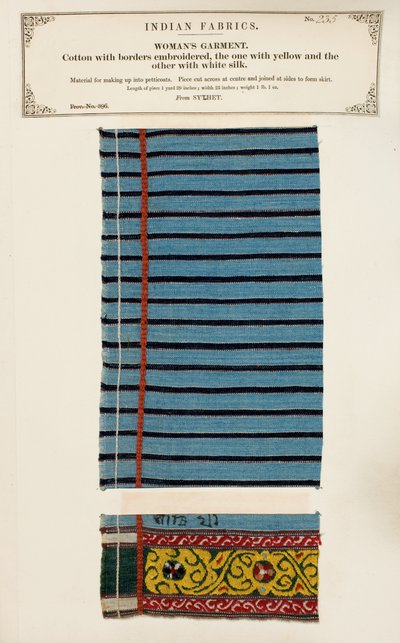 Cotton sample embroidered with white and yellow silk from Sylhet, from The Collection of the Textile Manufacturers of India, by John Forbes Watson, published in 1866 by Indian School