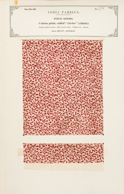 Cotton sample with a chetee (chintz) print from Arcot in Madras, from The Collection of the Textile Manufacturers of India, by John Forbes Watson, published in 1866 by Indian School