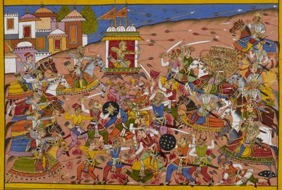 Dhanada battles Ravana in fierce combat between their armies by Indian School