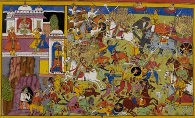 Dhanada orders the yakshas to battle Ravana’s demon army by Indian School