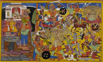 Dhanada sends Manibhadra to battle Ravana, shown fighting fiercely by Indian School