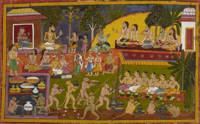 During the Ashvamedha Sacrifice, Vibhishana Honors the Ascetics. Bharata and Shatrughna Assist with the Rituals by Indian School