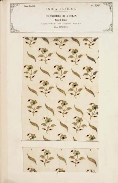 Embroidered muslin sample from Madras, from The Collection of the Textile Manufacturers of India, by John Forbes Watson, published in 1866 by Indian School