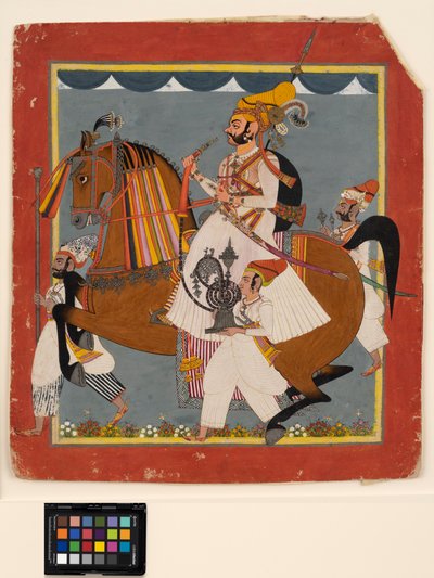 Equestrian Raja Bhim Singh with hookah and servants by Indian School
