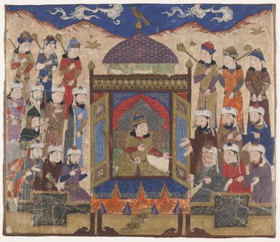 Folio from a Shahnama (Book of Kings) by Firdawsi; Kay Khusraw Parwez Seated on the Takht-i Taqdis, Possibly India, c.1425-50 by Indian School