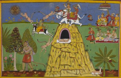 Hanuman leaps for the sun; Indra strikes him, causing his fall by Indian School