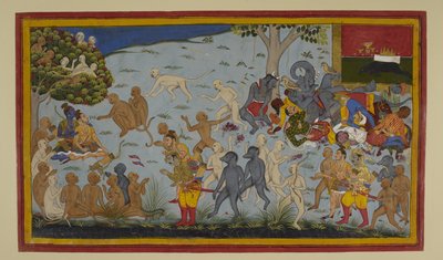 Hanumān and Vibhīṣaṇa Bring Wounded Lakṣmaṇa to Rāma, Who Heals Him by Indian School
