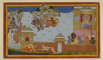 Hanuman fends off demons; Rama and Ravana watch by Indian School
