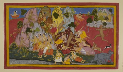 Hanuman Fights Gandharvas and Uproots a Mountain for Healing Herbs by Indian School