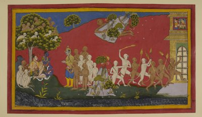 Hanuman Heals the Wounded with Herbs; Monkeys Burn Lanka, Forgetting Indrajit by Indian School