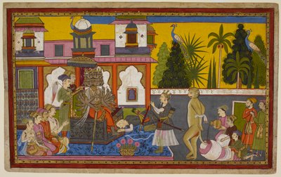 Hanuman is captured by Ravana, humiliated, but escapes and sets fire to the city with his blazing tail. 1653 by Indian School