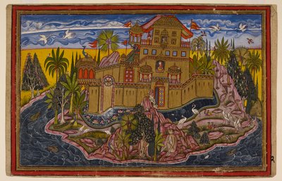 Hanuman, now his normal size, observes the golden city of Lanka by Indian School