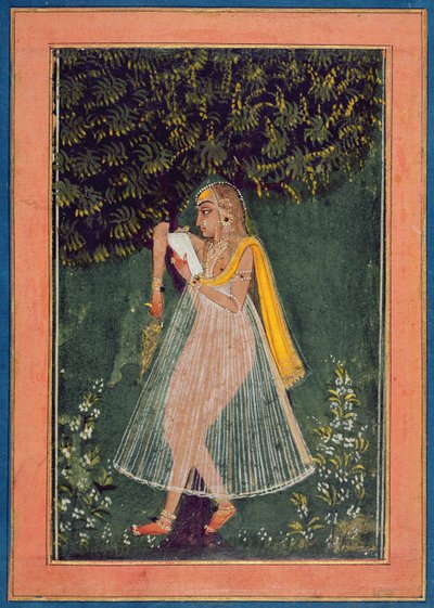 Hindoo lady reading a love letter under a tree by Indian School