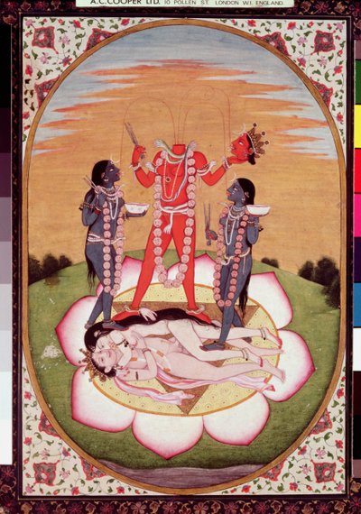 Icon of Chinnamasta, the Mahavidya arising from the joined bodies of the Originating Couple, Kangra, c.1800 by Indian School