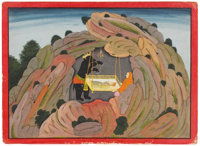 Illustration to the Bhagavata Purana: Jambavan gives the Symantaka jewel to his daughter to play by Indian School