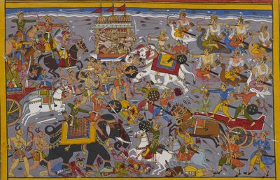 Indra battles Ravana, who rides the Pushpaka chariot, from his elephant Airavata by Indian School