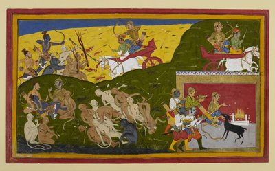 Indrajit fights while Rama grieves Sita’s death, comforted by Lakshmana and Vibhishana by Indian School