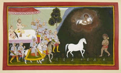 King Sagara performs the Ashvamedha sacrifice, and Vasava steals the horse by Indian School