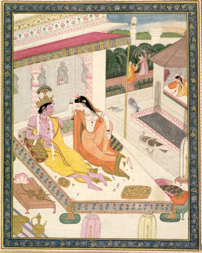 Krishna and Radha on a Bed in a Mogul Palace by Indian School