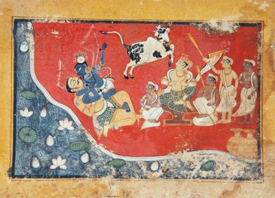 Krishna Defeats a Demon Beside a River by Indian School