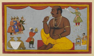 Kumbhakarna is awakened to fight Rama; ministers attend him with rituals by Indian School