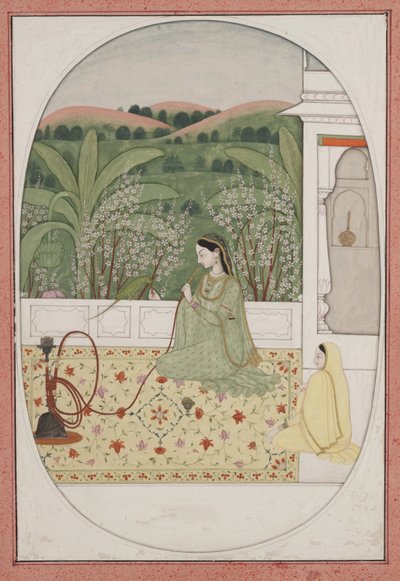 Lady on a Terrace with a Hookah by Indian School