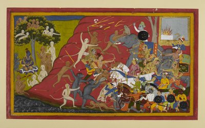 Lakshmana, Hanuman, and Vibhishana Attack Indrajit; News Reaches Rama by Indian School