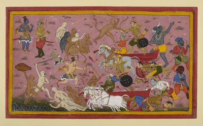 Lakshmana kills Ravana’s sons Mattanika and Atikaya using divine weapons by Indian School
