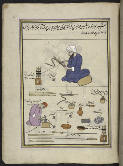 Men covering hookah-snakes with thread and wire by Indian School
