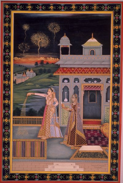Miniature painting of lady celebrating Diwali Festival, India by Indian School