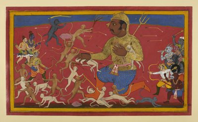 Monkeys and gods press their attack on Kumbhakarna by Indian School