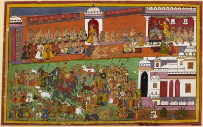 Monkeys, bears, and others gather as Rama departs, with attendants carrying the sacrificial fire by Indian School