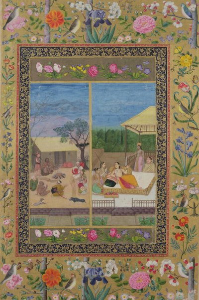 Musicians and Listeners by a Fire and a Noblewoman with her Servants, from a Moraqqa by Indian School
