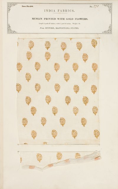 Muslin sample printed with gold flowers from Jeypore in Rajpootana States, from The Collection of the Textile Manufacturers of India, by John Forbes Watson, published in 1866 by Indian School