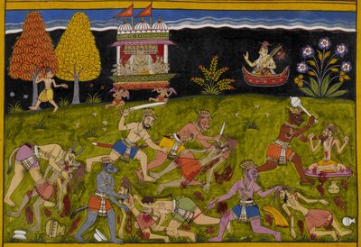 Narada urges Ravana to challenge Yama instead of mortals, as demons ravage forest rishis by Indian School