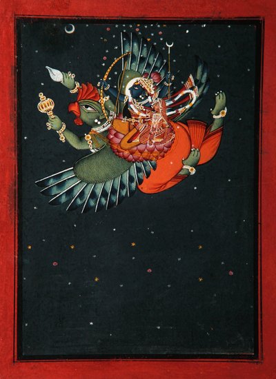 On the wings of Garuda: Krishna and Satyabhama fly through the night sky by Indian School
