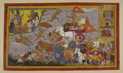 Prahasta is defeated by Nila amid ill-omens; Ravana and demons despair by Indian School