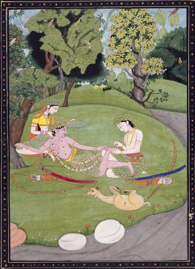 Rama reclining against Sita, while his brother Laksman draws a thorn from his foot by Indian School