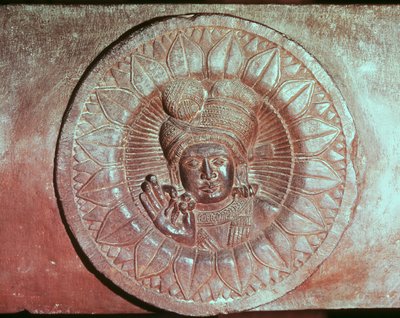 Relief depicting a lotus blossom with the head of a man, from a Buddhist stupa from Bharhut, Madhya Pradesh, Late Mauryan Period, Sunga Dynasty by Indian School
